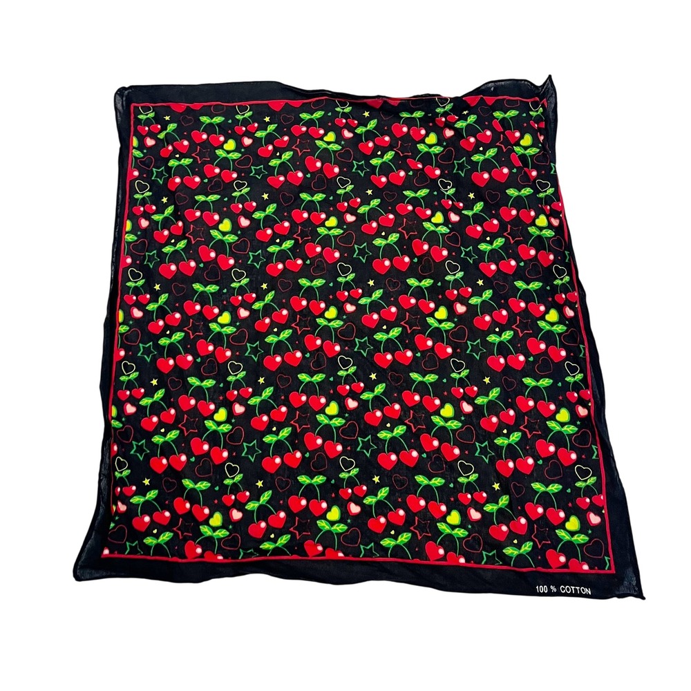 Vintage Cherry Heart Star Y2K Cotton Bandana Scarf Black Red Rockabilly Retro